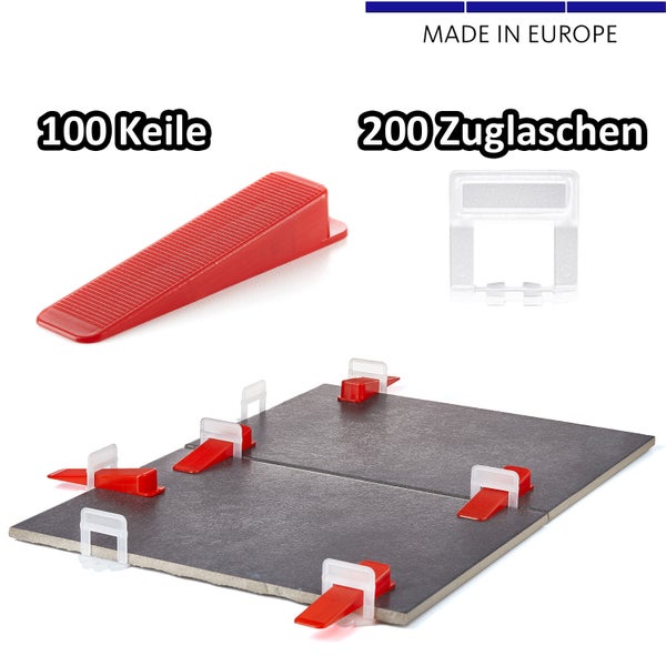 BigDean 200 Laschen 1,5mm & 100 Keile - Fliesen Nivelliersystem - Frei wählbar - Riesen Auswahl an Fliesenkeilen & Zuglaschen - Verlegehilfe Fliesenleger Set - Made in Europe