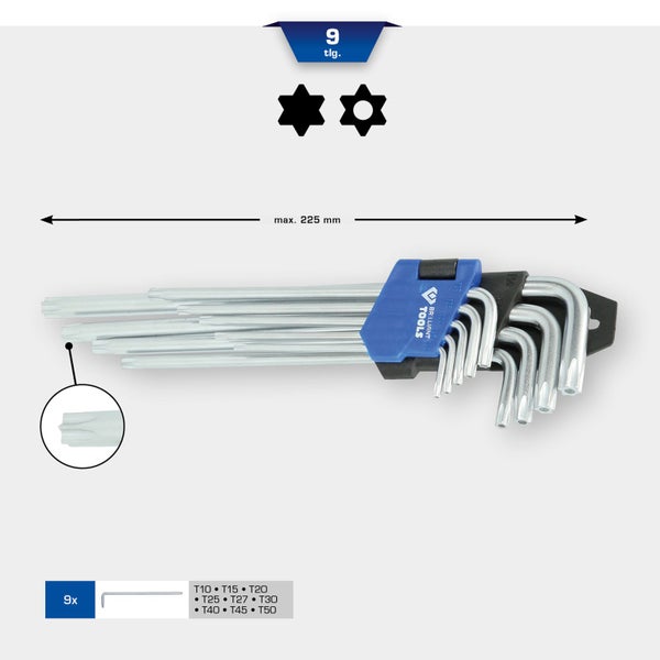 Neun teiliges Set Innensechsrundschlüssel bis maximal 225 Millimeter
