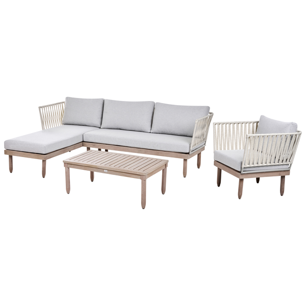 Gartenmöbel-Set aus Holz mit Ecksofa, Sessel und Couchtisch, Rückenlehnen mit Seilbespannung und grauen Polstern.