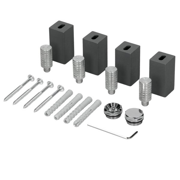 Befestigungsset für Heizkörper mit vier Abstandshaltern, Schrauben, Dübeln, zylindrischen Metallteilen, Abdeckkappen und einem Inbusschlüssel.