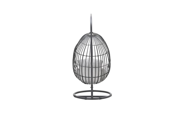 Dunkelgrauer Hängesessel in Eiform aus Polyrattan-Geflecht mit Metallgestell und hellgrauem Kissen.