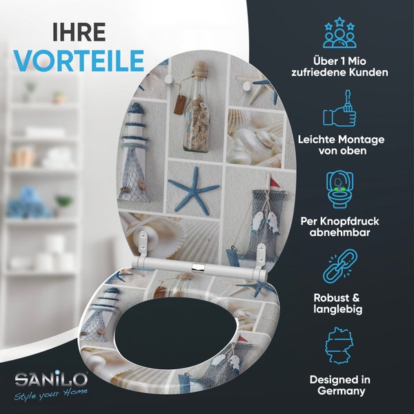 Sanilo Logo. Sanilo WC-Sitz mit maritimem Collage-Design. Vorteile: einfache Montage von oben, per Knopfdruck abnehmbar, robust und langlebig.