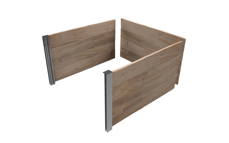 Dreiseitiges Hochbeet-Modul aus Holzbrettern mit Metalleckprofilen.