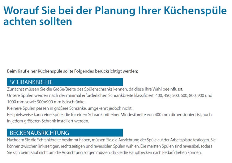 Infografik zu Planungshinweisen für Küchenspülen bezüglich Schrankbreite und Beckenausrichtung.