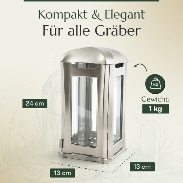 Metall Grablampe mit Glaseinsätzen, Höhe 24 cm, Breite 13 cm, Tiefe 13 cm, Gewicht 1 Kilogramm für den Friedhof.