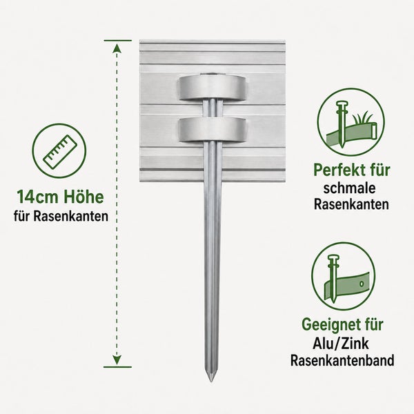 Metall Erdanker für Rasenkanten mit 14 Zentimeter Höhe, geeignet für Aluminium und Zink Rasenkantenbänder.