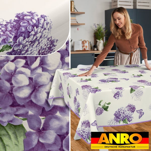 Tischdecke mit Hortensienmuster und ANRO Deutsche Manufaktur Logo