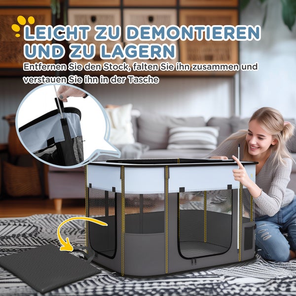 PawHut Welpenauslauf, Welpenlaufstall mit Türen, Fenster, faltbar Laufgitter, Atmungsaktiv Netz, für kleine Hunde unter 10 kg und Kleintiere, Indoor und Outdoor, 94 x 74 x 60 cm, Grau