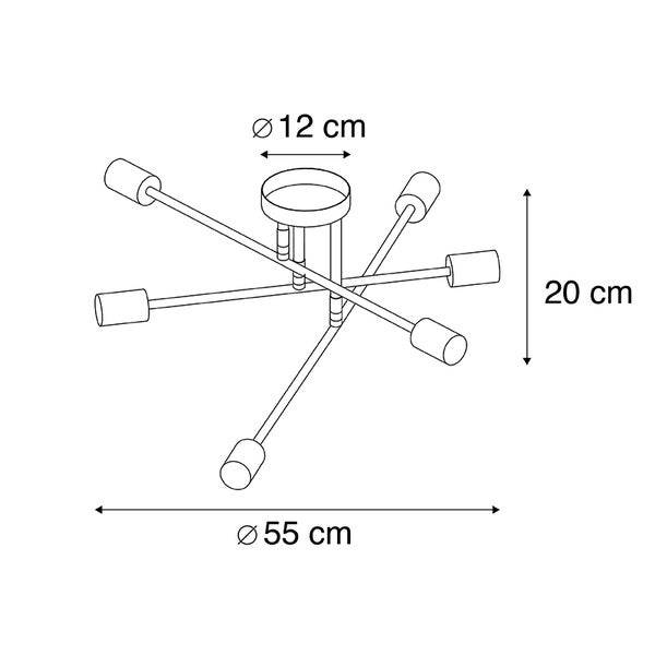 Illustration einer Deckenleuchte mit den Maßen 55 Zentimeter Durchmesser, 20 Zentimeter Höhe und 12 Zentimeter Durchmesser der Deckenbefestigung.