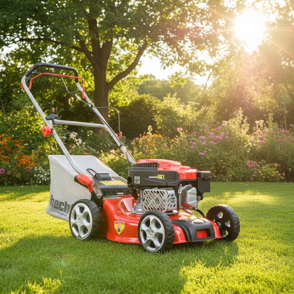 Roter Benzinrasenmäher von Hecht im Garten