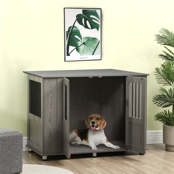 PawHut Hundekäfig für Zuhause, Haustierkäfig, Hundehütte Indoor mit Schloss, Magnettür, Hundehaus mit Fenster, Hundebox für extra große Hunde, Grau, 114 x 60 x 82 cm