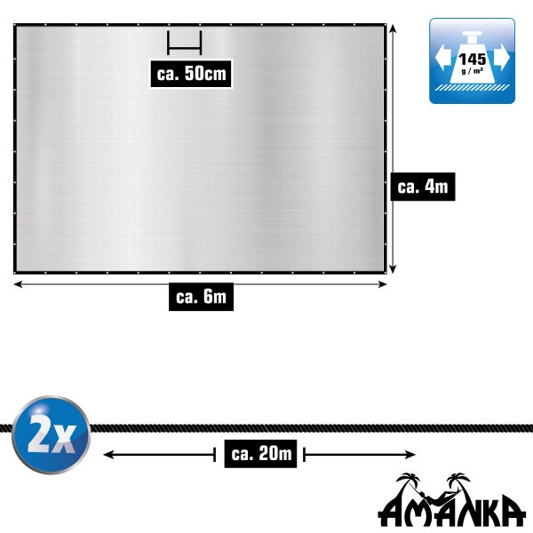 Sichtschutz circa 6 mal 4 Meter, 145 Gramm pro Quadratmeter, zwei Seile circa 20 Meter, Ösen circa alle 50 Zentimeter, AMANKA Logo.