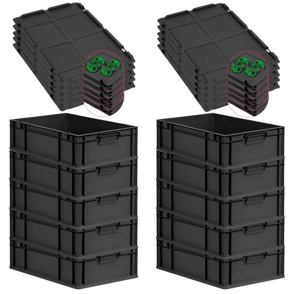 PROREGAL SparSet 10x Eurobox NextGen Grip mit Auflagedeckel inkl. 4 grünen Schiebeschnappverschlüssen, HxBxT 17x40x60cm, 34 Liter, Schwarz, Griffe geschlossen, Eurobehälter, Transportbox, Transportbehälter, Stapelbehälter