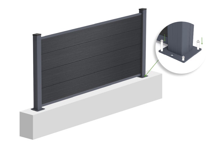 WPC-Sichtschutzzaun in Anthrazit mit Pfostenmontage auf einem Fundament und Detailansicht der Bodenbefestigung mit Ankerbolzen.