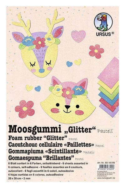 Moosgummi Glitter mit Motiven und sechs verschiedenen Farben