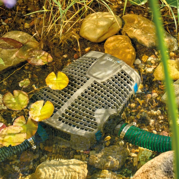 Oase Filter- und Bachlaufpumpe im Gartenteich zwischen Steinen und Seerosenblättern mit angeschlossenem Schlauch.