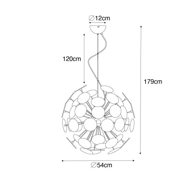 Zeichnung einer Pendelleuchte mit den Maßen 54 cm Durchmesser, 179 cm Höhe und 120 cm Kabellänge