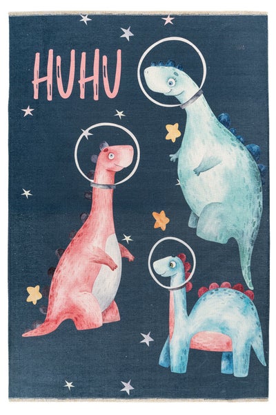 Kinderteppich mit Dinosaurier Motiv im Weltraum Design mit Sternen und der Aufschrift HUHU