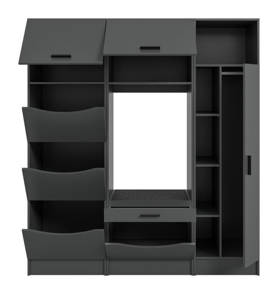 Dunkelgraues modulares Schranksystem mit Kippfächern, Schublade, Türen und offenen Regalen.