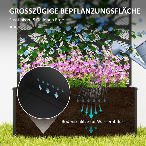 Pflanzkasten mit Rankgitter, integriertem Entwässerungssystem und großzügiger Bepflanzungsfläche für Erde und Pflanzen.