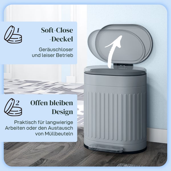 Grauer Tretabfalleimer mit Soft-Close-Deckel für geräuschloses Schließen und einer Funktion zum Offenhalten des Deckels.