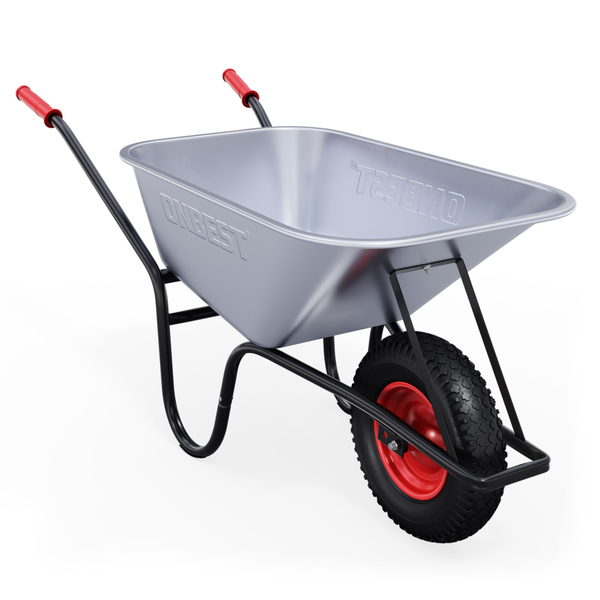 Schubkarre mit verzinkter Mulde, schwarzem Metallgestell, roten Griffen und einem Luftrad mit roter Felge.