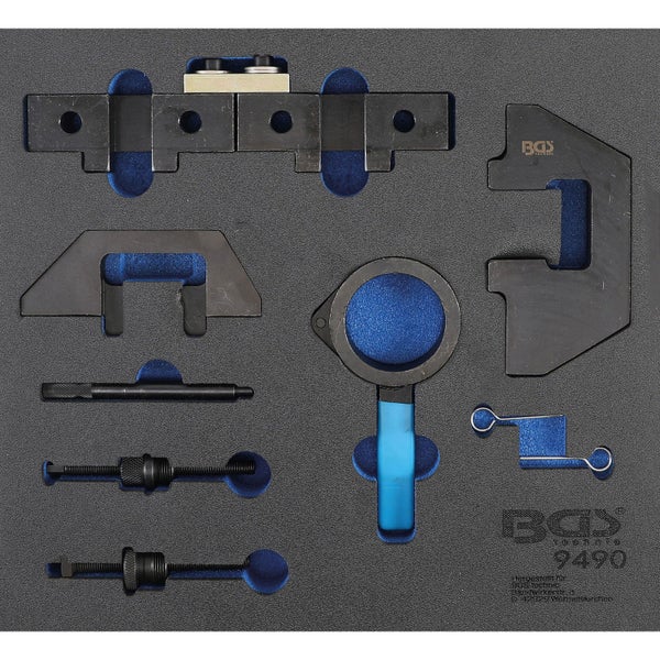 BGS Technic Motor-Einstellwerkzeug-Satz 9490 in Schaumstoffeinlage mit verschiedenen Fixierwerkzeugen und Bolzen.