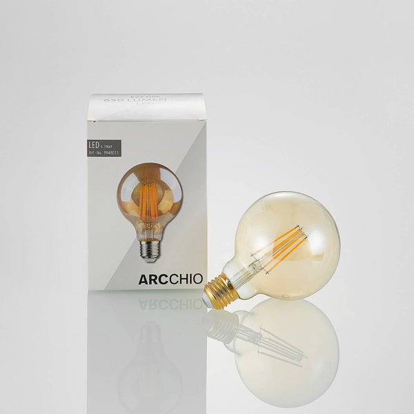 Arcchio LED-Globelampe G95 mit E27-Sockel, 6,5 Watt und 650 Lumen neben der Originalverpackung.