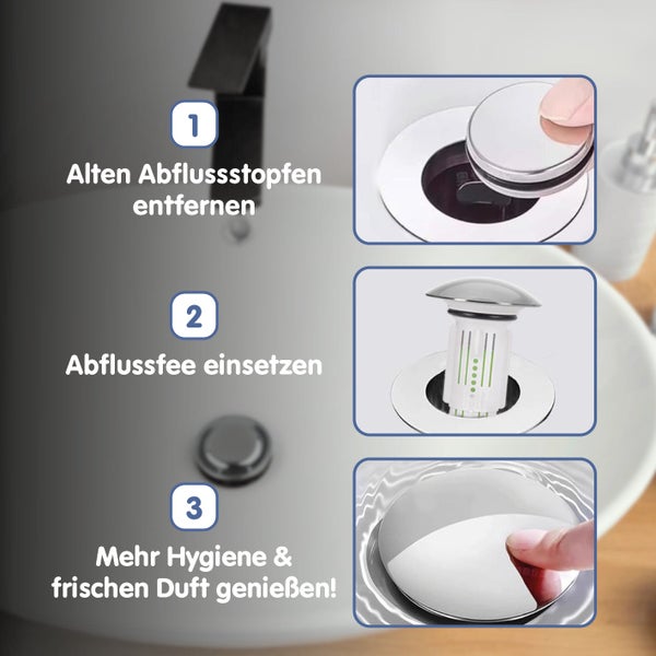 Drei Schritte zur Installation der Abflussfee im Waschbecken: alten Stopfen entfernen, Abflussfee einsetzen, Hygiene und frischen Duft genießen.