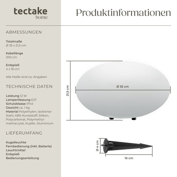 Maße und technische Daten einer Kugelleuchte von tectake home. Durchmesser 35 Zentimeter, Höhe 21,5 Zentimeter. tectake home Logo.