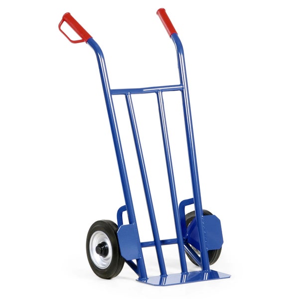 Sackkarre aus Stahl mit zwei Rädern und roten Griffen