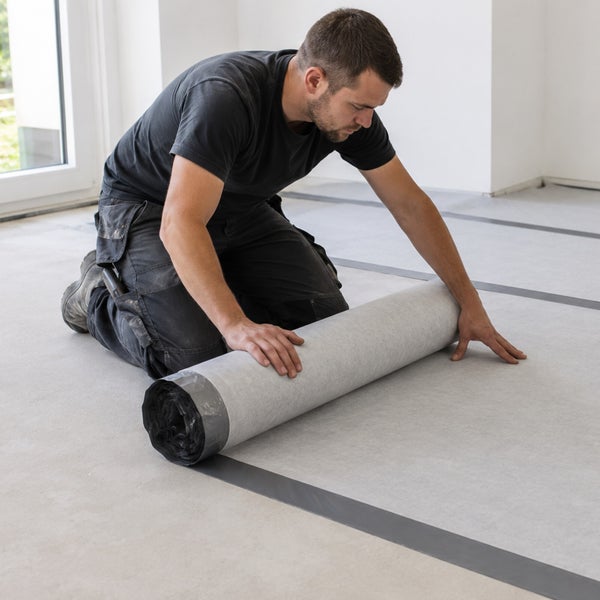 Handwerker rollt eine Trittschalldämmung auf einem glatten Untergrund in einem hellen Raum aus