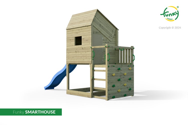 Erhöhtes Spielhaus aus Holz für Kinder mit einer blauen Rutsche, Kletterwand, Leiter und Plattform. Funky Combo Logo.