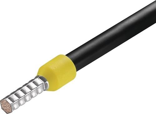 Aderendhülse an schwarzem Kabel mit gelbem Kragen
