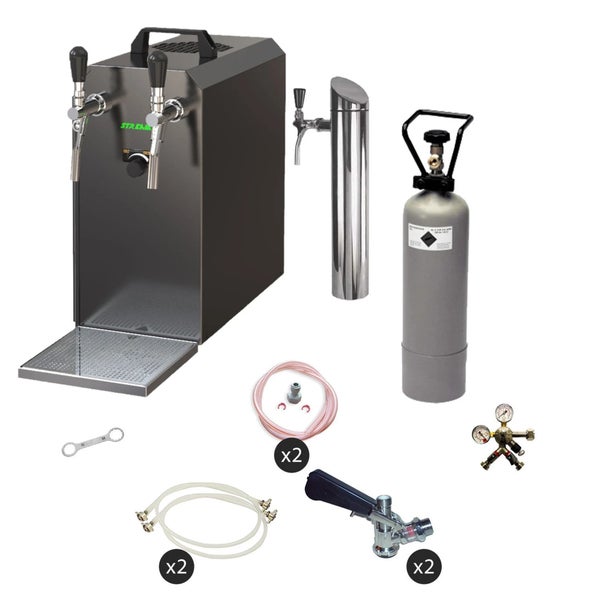 Bierkühler Set mit Durchlaufkühler zwei Zapfhähnen CO2 Flasche Druckminderer und Zapfzubehör für den professionellen Einsatz