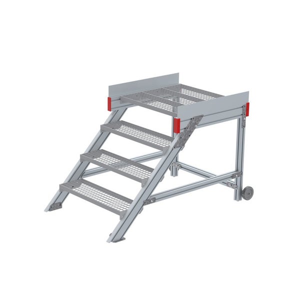 Mobile Arbeitsplattform aus Aluminium mit Gitterroststufen und einer Standfläche.