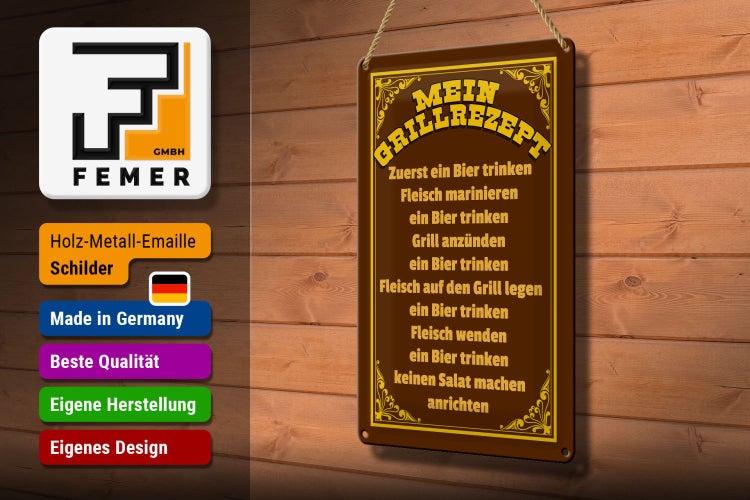 Blechschild Spruch 20x30cm mein Grillrezept zuerst ein Bier