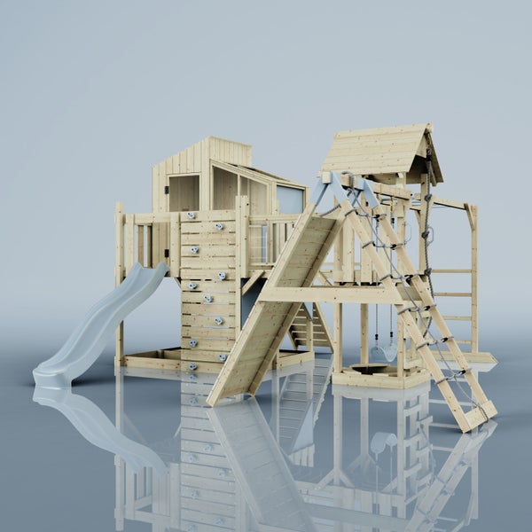 Holzspielplatz mit Rutsche, Kletterwand und Schaukel