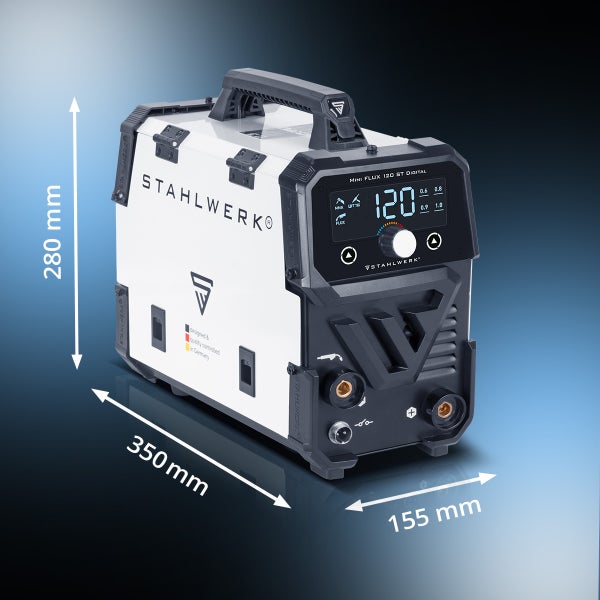 Stahlwerk Mini Flux 120 ST Digital Schweißgerät mit den Maßen 280 mm Höhe, 350 mm Breite und 155 mm Tiefe.