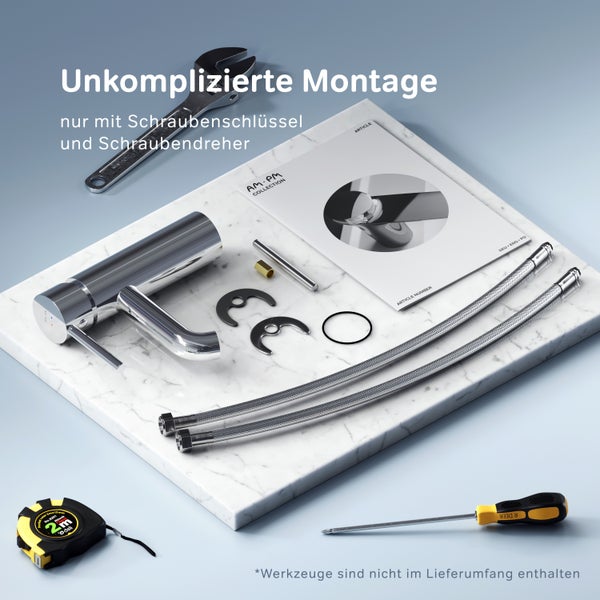 Montagebausatz fuer Waschbeckenarmatur mit Wasserhahn Montageanleitung Schlaeuchen Dichtungen und Befestigungsmaterial auf Marmorplatte