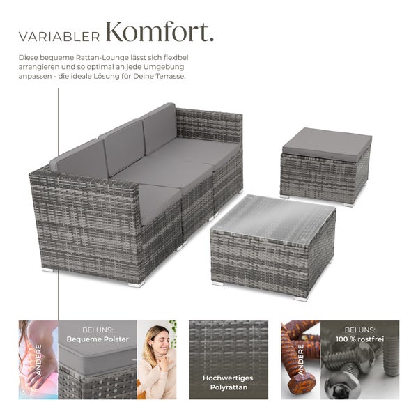 Rattan Lounge tectake Lignano variabel aufstellbar für 3 bis 4 Personen grau