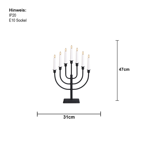 Schwarzer Kerzenleuchter mit sieben Kerzen, 47 cm hoch und 31 cm breit, Fassung E10, Schutzart IP20