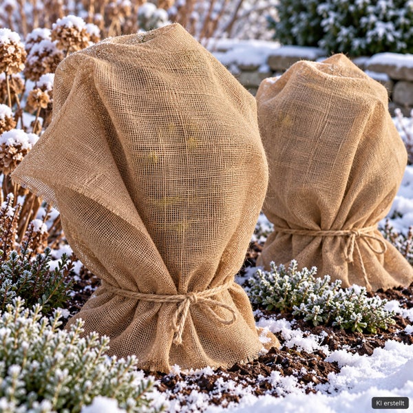 Zwei mit Jute eingepackte Pflanzen als Winterschutz im verschneiten Gartenbeet.