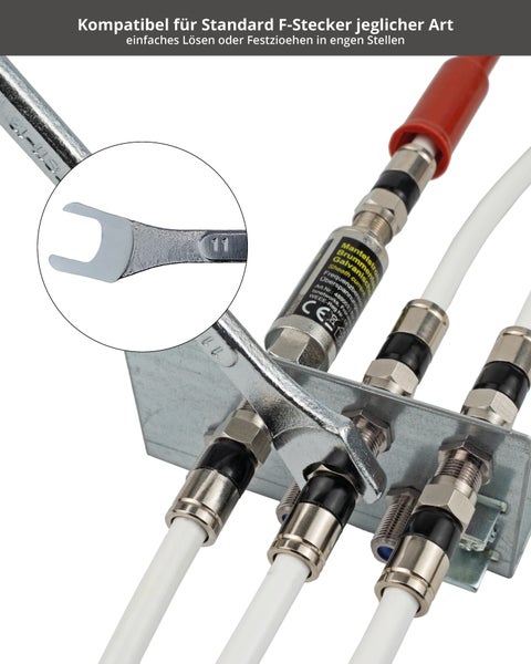Maulschlüssel extra flach 11 + 13mm, Schraubenschlüssel extrem stabil, Gabelschlüssel für F Stecker & enge Stellen, professioneller Montageschlüssel, zur Sat Schüssel Fixierung