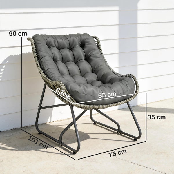 Garten-Loungesessel grau. Maße: Höhe 90 Zentimeter, Breite 75 Zentimeter, Tiefe 101 Zentimeter, Sitzhöhe 35 Zentimeter.