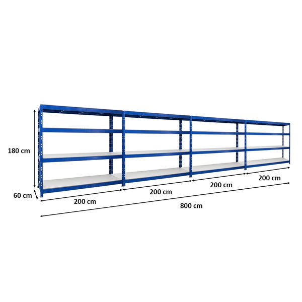 PROREGAL Mega Deal 4x Profi Schwerlastregal Rhino HxBxT 180 x 200 x 60 cm 4 Melamin-Ebenen 16mm Fachlast 500 kg Blau
