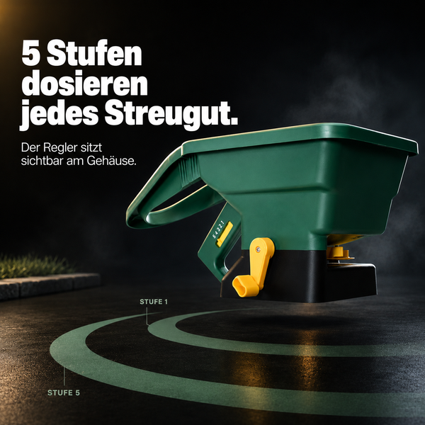 Handstreuer mit fünfstufigem Dosierregler am Gehäuse und einer Handkurbel zum Ausbringen von Streugut.