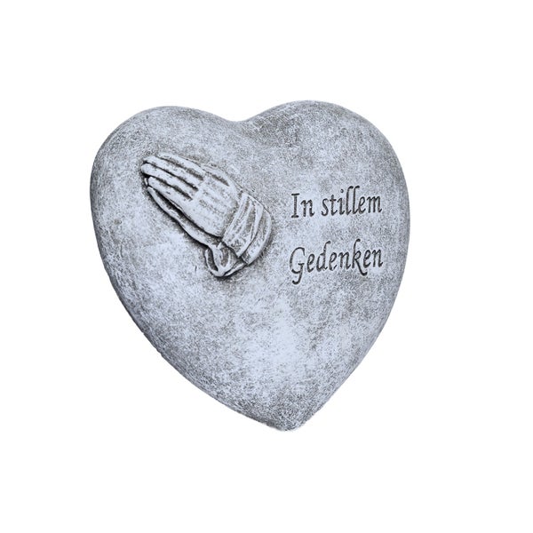 Grabschmuck in Herzform aus Kunststein mit Relief betende Hände und Inschrift In stillem Gedenken als Trauerschmuck