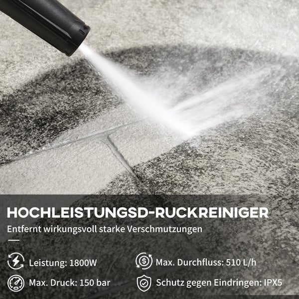 DURHAND Hochdruckreiniger mit Rollen, 1800 W,  inkl. 5-tlg. Zubehör, max. Wassermenge: 510 l/h, 35L x 27B x 78H cm, PP, Kupfer, Aluminium, Blau