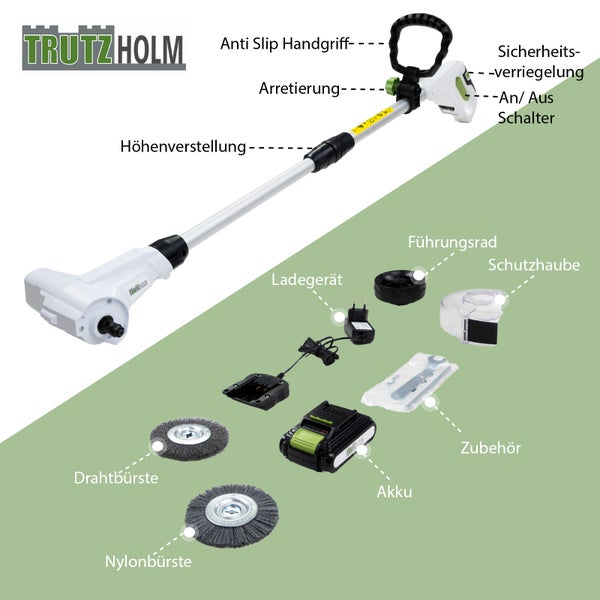 TrutzHolm Akku Fugenkratzer mit Teleskopstiel, Zubehör wie Drahtbürste, Nylonbürste, Akku, Ladegerät, Schutzhaube und Führungsrad.